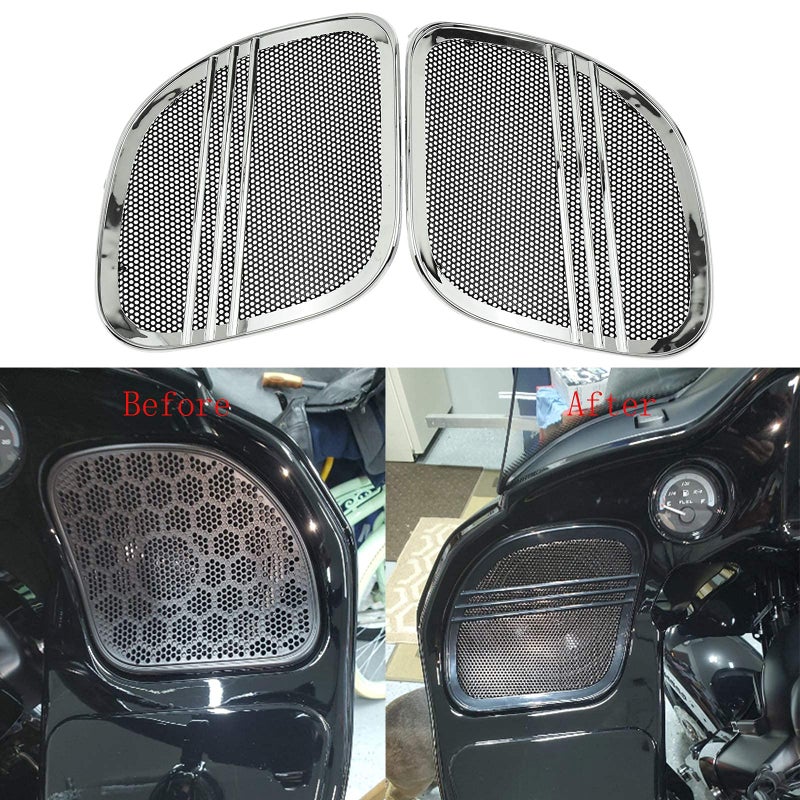 HDBUBALUS Motorbike Tri-Line Speaker Grills Cover Trim Mesh for Harley Road Glide FLTRX 2015 2016 2017 2018,Chrome - Image 3